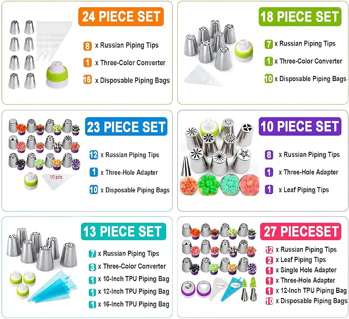 Stainless Steel Russian Piping Tips Set, Extra Large Flower Icing Nozzles, Cupcake Frosting Supplies with Leaf Tips, Couplers, Disposable Pastry Bags, Reusable Piping Bag (Silver,23 PCS)