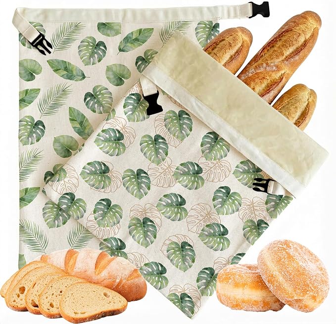 2 Pack Beeswax Bread Bags for Homemade Sourdough Bread, 17x13 Inch Reusable Linen Beeswax Bread Bag with Buckle to Keeps Bread Freshness for Food Storage(Palm Leaves)