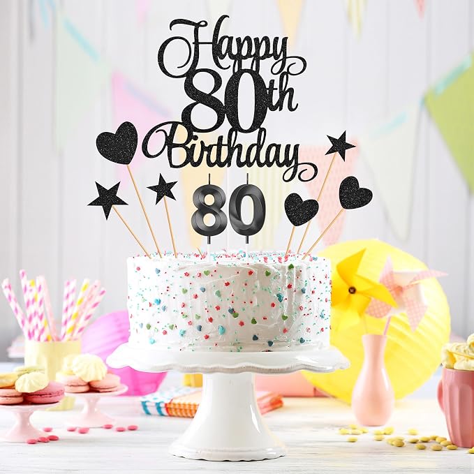 80th Birthday Cake Decorations, 80th Birthday Candles Cake Numeral Candles and Glitter Happy 80th Birthday Cake Toppers Set for Birthday Party Supplies (Black)