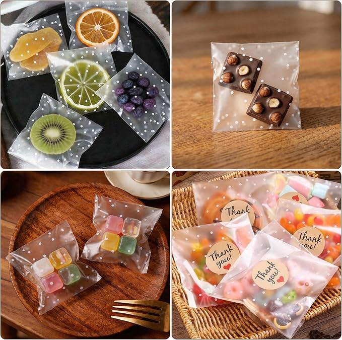 200Pcs White Polka Dot Cookie Bags, Self Sealing Cellophane Bags | for Homemade Cookies, Clear Treat Bags with Self Adhesive Seal for Baking, Party Favors and Gift Giving (4x4 Inches)