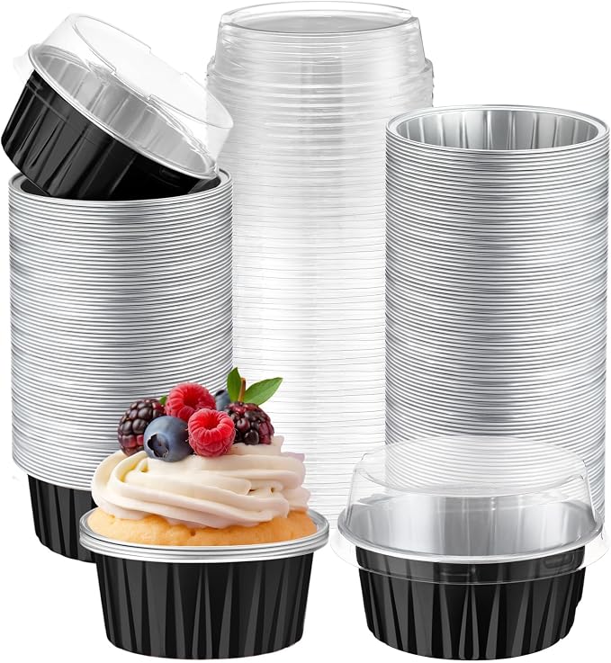 200 Pack Aluminum Foil Cupcake Liners with Lids, 5 oz Round Baking Cup, Disposable Ramekin Container for Graduation Wedding Independence Day Party(Black,Plain)