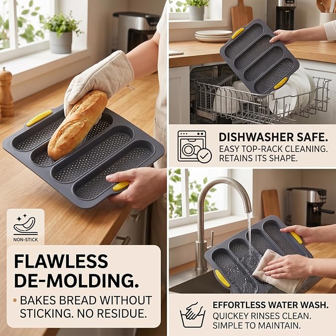 4-cavity Silicone Bread Loaf Pan, Nonstick Sourdough Loaf Pan & Heat Resistant Baguette Bread Pan, Bread Pans for Homemade Bread, Silicone Molds for Baking Hoagie Rolls, Sandwich, Hot Dog Buns
