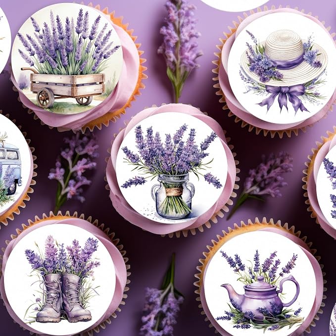 36PCS Edible Lavender Floral Cupcake Toppers Wafer Paper Purple Flowers Cake Picks Edible Lavender Bouquet Cupcake Toppers for Wedding Birthday Theme Floral Cake Decor Supplies