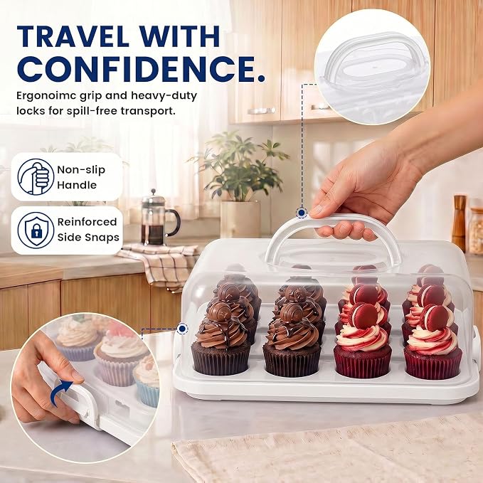 VGOODALL Cake Carrier with Lid and Handle, 12 Capacity Cupcake Carrier, 2-in-1 Rectangular Cupcake Holder for Pies Muffin Pizza Nuts Fruit, Dessert Storage Containers for Parties, Picnics, Baking