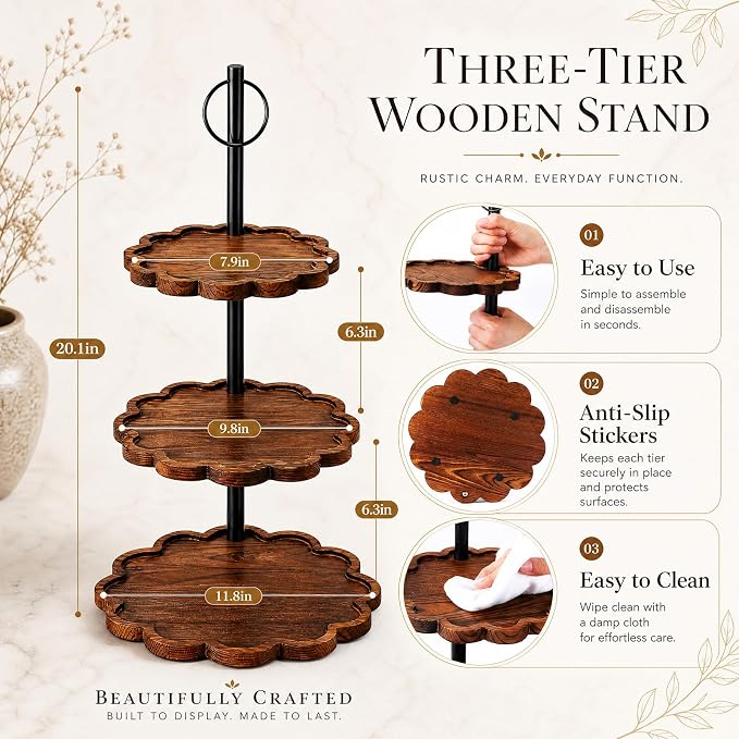 Willinglong 3 Tier Cupcake Stand Holder, Wavy Edge Cake Stand, Rustic Dessert Table Display Set Rotating Wood Cupcake Tower with Tiered Serving Tray for Cupcakes Wedding Birthday