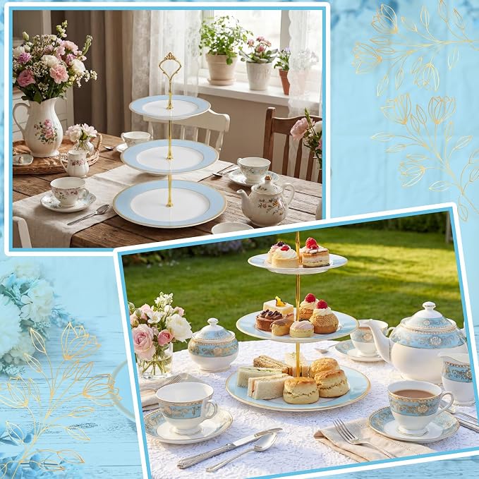 CHENGU 3 Tier Cupcake Stand Blue Ceramic with Gold Frame, 10" 9" 7" Dessert Tower for Baby Shower Birthday Wedding Tea Party, Tiered Cake Holder Display for Cupcakes Pastries Fruits