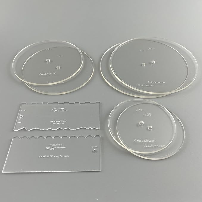 CAKESAFE Essential Cake Decorating Acrylic Disk Kit - 3 Sets - Round 6.25", 8.25", 10.25" Disk Sets (2 disks per size), 2-8" Icing Scrapers with 1 Scraper Edge and 3 Cake Comb Patterns