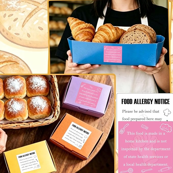 600 Pcs 2 Inch Cottage Food Law Labels Stickers Allergen Warning Stickers - Pink Baked with Love Made in a Home Kitchen Inspection Statement Decals for Homemade Bakery Baked Food Canning Packaging