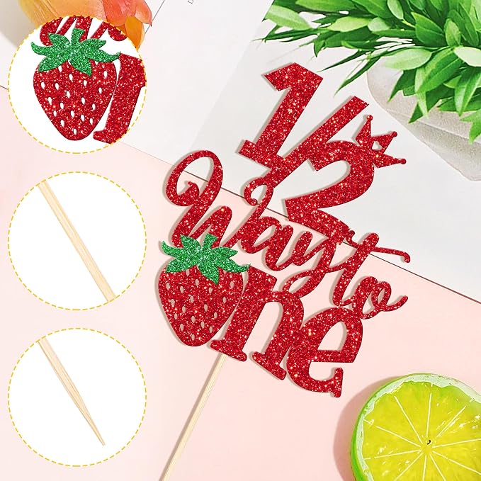 1 PCS Strawberry 1/2 Half Way to One Cake Topper Glitter Berry Sweet Half Way to Go Cake Pick Happy 6 Months Birthday Cake Decoration for Strawberry Theme Baby Shower Birthday Party Supplies Red