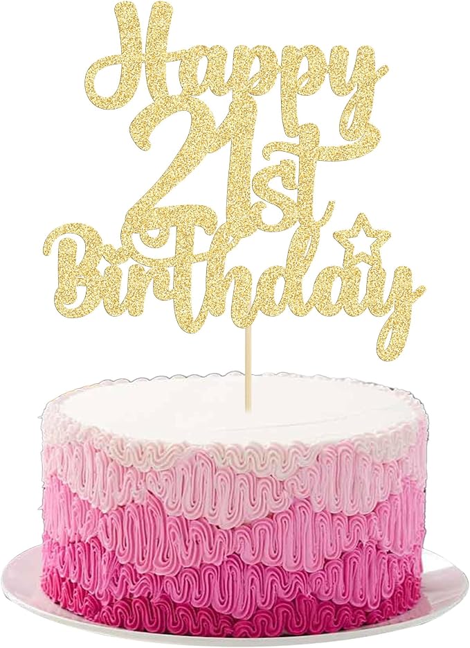 Gyufise 1Pc Happy 21st Birthday Cake Topper Glitter 21 & Fabulous Cheers to 21 Years Old Birthday Cake Pick for Celebrating 21st Birthday Anniversary Party Cake Decorations Gold