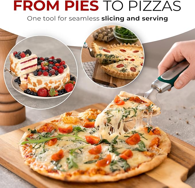 Orblue Pie Server, Essential Kitchen Tool, Serrated on Both Sides, Great for Right or Left Handed Chef, Stainless Steel Flatware, Cake Cutter, Dark Green