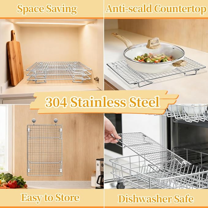 3-Tier Cookie Cooling Racks for Cooking & Baking, 304 Stainless Steel 13"x9" Stackable Wire Rack, Oven & Dishwasher Safe, Baking Rack for Oven, with Silicone Tongs
