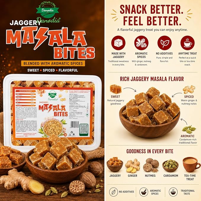 Danodia Foods Masala Jaggery Bites, Cane Gur Sweetener, 1 lb, Pantry Snack | Snackable spiced gur pieces and cane sweetener for chai, tea, coffee, desserts and pantry use; no preservatives used; recipes