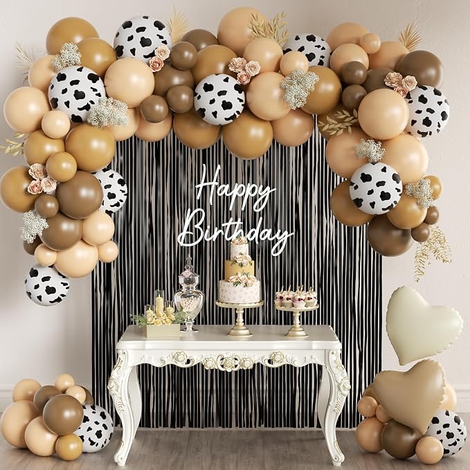 Western Cowboy Balloon Garland Arch Kit with Black Fringe Curtain for Boy First Rodeo Rustic Farmhouse Wedding Birthday Neutral Tone Baby Shower Farm Fiesta Party Decorations