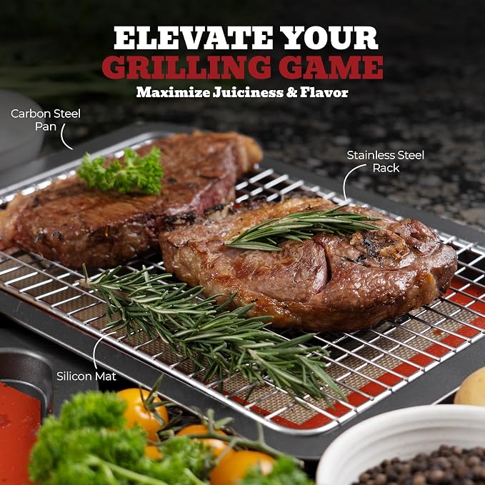 Trinity Provisions Large Meat Resting Pan - With Wire Rack and Silicone Baking Mat - Dishwasher and Oven Safe Stainless Steel, for Cooking and Cooling Steak, BBQ, Bacon, & More