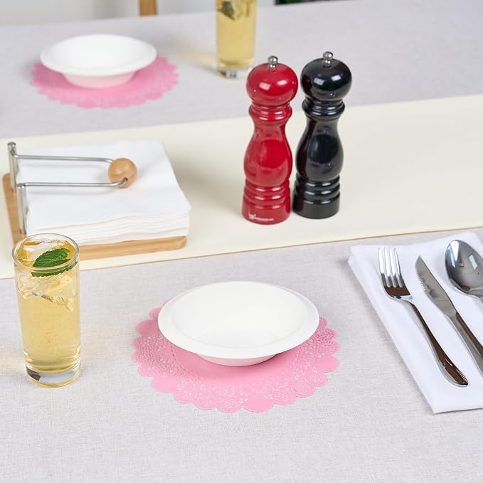 Pastry Tek 8 x 8 Inch Paper Lace Doilies, 100 Disposable Table Doilies - Elegant Lace Finish, Long Lasting, Pink Paper Doily, for Pastries, Cupcakes, Desserts - Restaurantware