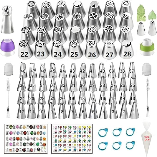 Russian Piping Tips Set, 193 Pcs Baking Supplies | 28 Numbered Russian Tips, 48 Numbered Icing Tips, 1 Ball Tip, 2 Leaf Tips, 100 Pastry Bags & More for Cake Cupcake Decorating
