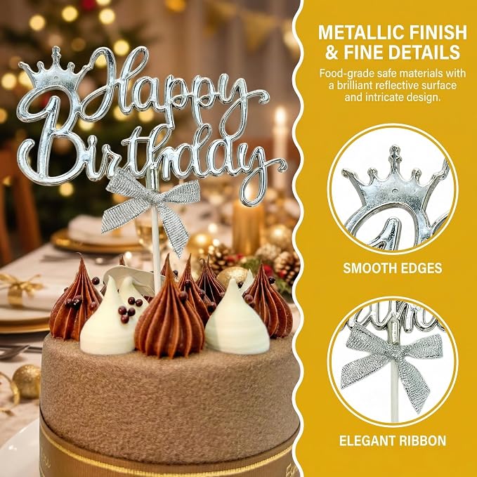 Elegant Acrylic Birthday Cake Topper with Crown & Bow Design - Reusable Decoration for Party, Wedding, Baby Shower (Silver)