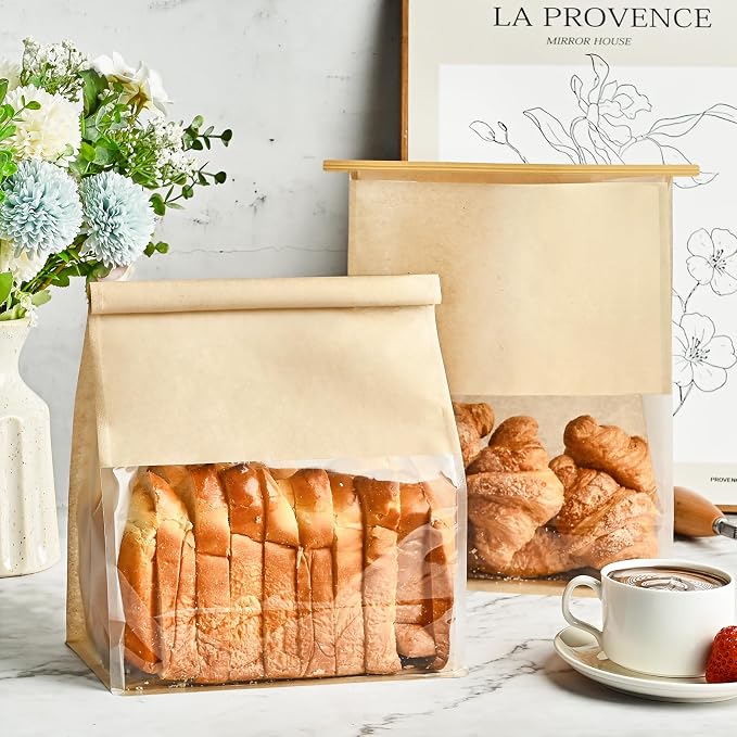 Ohuimrt Paper Bread Bags for Homemade Breads, 100 PCS, 11" x 8.7" x 4.3" | Tin Tie Tab Lock, Window, Kraft Bakery Bag, For Sourdough Bread Baked Food