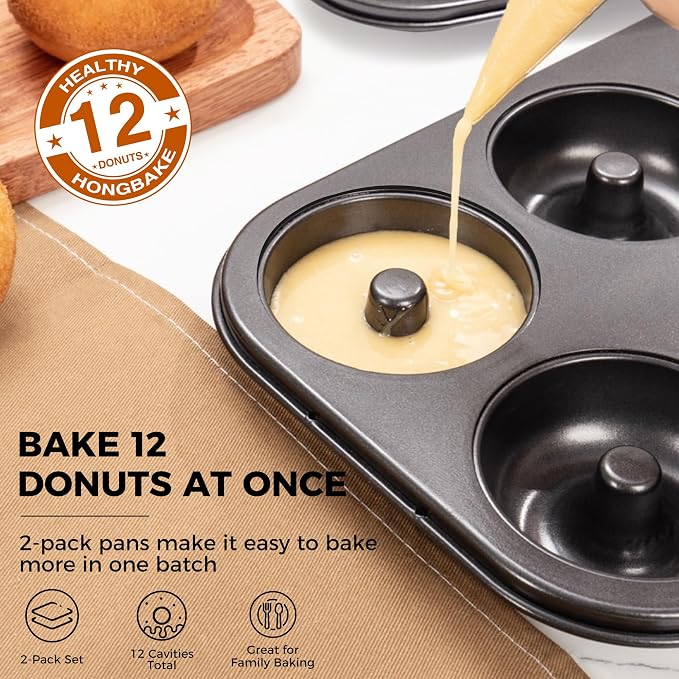 HONGBAKE Donut Pan for Baking, 2-Pack Nonstick Doughnut Pans, 6-Cavity Deep Donut Mold for Fuller Baked Cake Donuts, Heavy-Duty Carbon Steel, Oven Safe to 450°F - Black