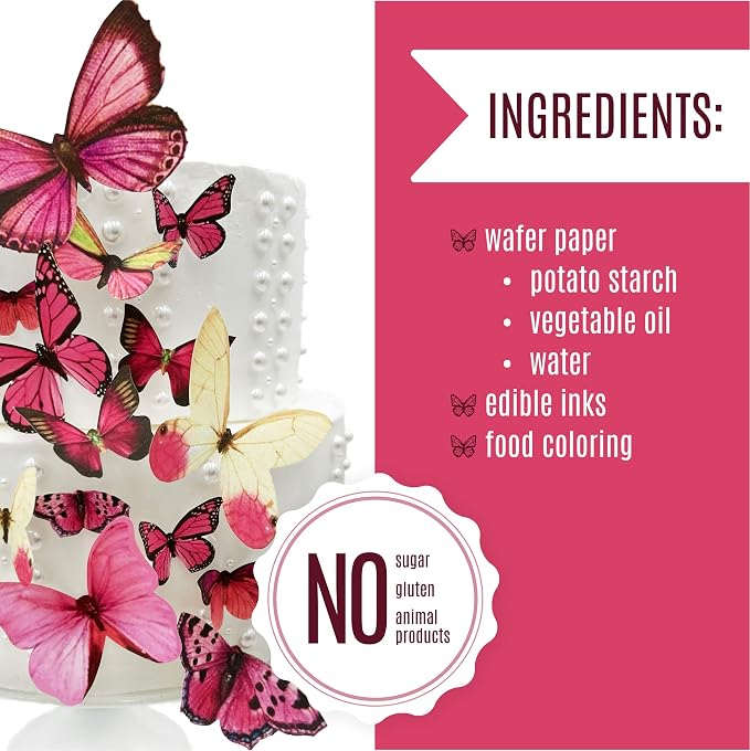 Sugar Robot Inc. Edible Butterflies for Cake Decorating - Assorted Sizes, Premium Crafted in the USA - Butterfly Cake Toppers & Cupcake Decorations (Pink)