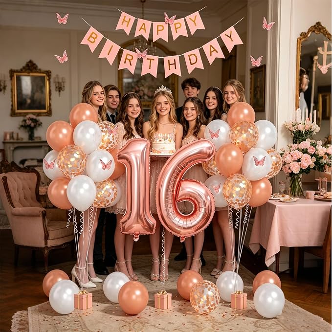 16th Birthday Decorations For Girls- Rose Gold Pearl White Balloons, 32 Inch Rose Gold "16" Balloon, 3D Butterflies Stickers, Happy Birthday Banner For Girl Sweet Sixteen Party Decorations