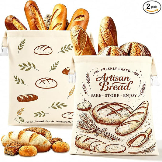 Beeswax Linen Bread Bags with Zipper & Buckle Closure, 2 Pack XL | Reusable beeswax linen bags. Preserve freshness and texture of sourdough and artisan loaves for daily storage.