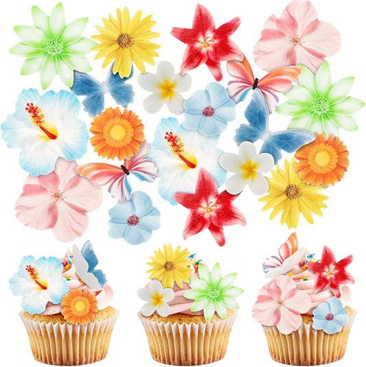 60PCS Edible Flowers and Butterfly Cake Decorations Edible Butterfly and Flowers Cake Topper Cupcake Toppers for Wedding Spring Tea Party Flower & Butterflies Themed Birthday Baby Shower