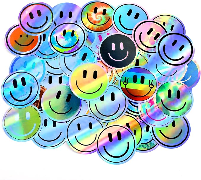 50PCS Smile Holographic Stickers | Cute Water Bottle Stickers for Kids, for Teaching Rewards, Notebooks, Stationery, Luggage, Cartoon PVC Smile Face Stickers