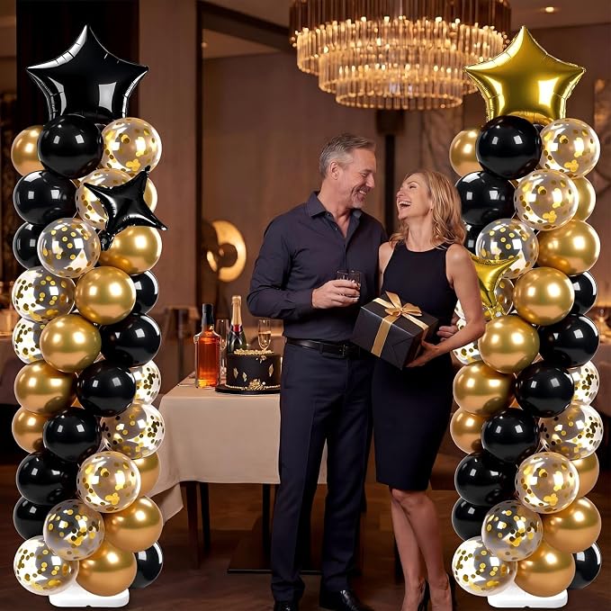 Skylety 2 Sets Black and Gold Balloon Column Stand Kit Adjustable Black Gold Balloon Stand with Bases for Birthday Wedding Anniversary Graduation Party Baby Shower Decorations Supplies
