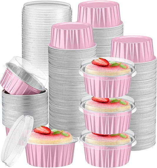 Gejoy 400 Pcs Aluminum Foil Baking Cups with Lids 5 oz Disposable Ramekins Mini Cake Pans Creme Brulee Cupcake Liners Muffin Dessert Container for Wedding Birthday Party (Elegant,Pink Color)