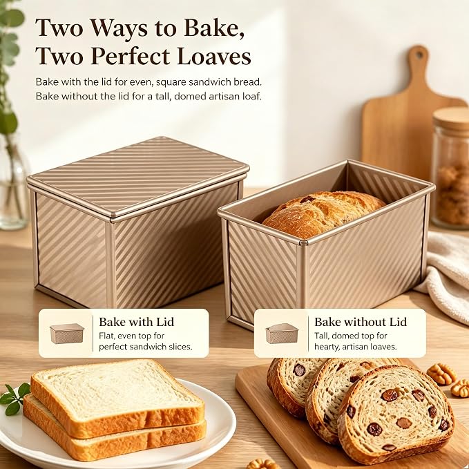 Pullman Loaf Pan with Lid, Sandwich Bread Loaf Pan, 2 Pack, Golden | Pullman Bread Pan with Lid, 13x5 & 8x4 Inch, Nonstick Aluminized Steel Sourdough Bread Loaf Pan 2.2lb & 1lb Pullman Loaf Pan