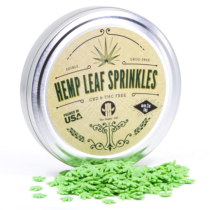 The Sugar Lab Hemp Leaf Sprinkles - Edible Marijuana Party Decorations - CBD & THC Free - Cake Decor & Ice Cream Topping - For 420 Cupcakes - Pot Leaf Sugar Sprinkles - 2oz - Sold in a Bud Tin