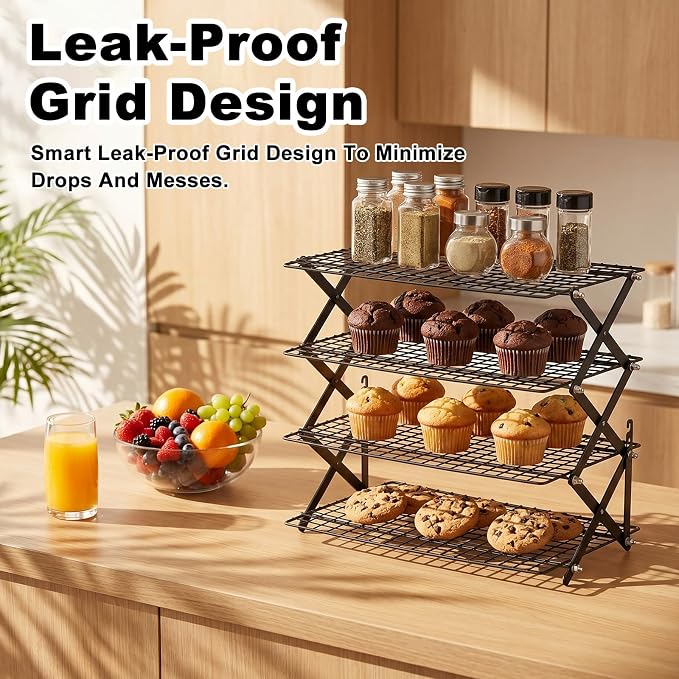 4 Tier Cooling Rack Adjustable Stackable Non-Stick Wire Rack Stainless Steel Baking Racks with Leak-Proof Mesh X-Shaped Structure for Roasting Cooking Cookies Cakes Drying Picnic Party