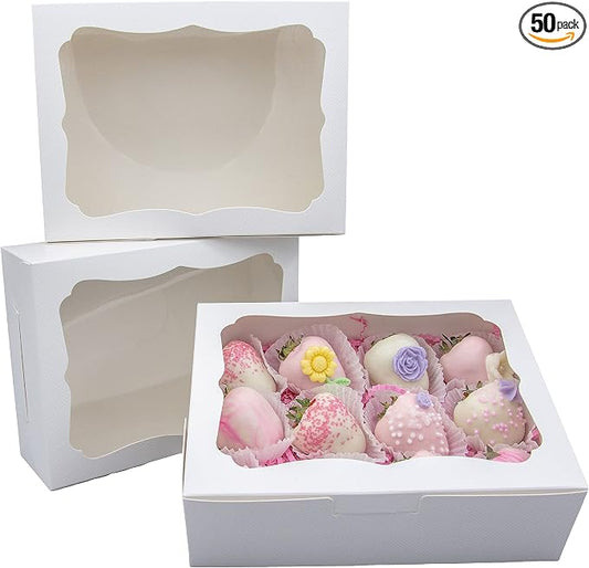 50pcs 8x6x2.5 Inch White Bakery Boxes Cookie Boxes with Window Treat Boxes Dessert Boxes for Cookie,Pastry,Macaron,Donut,Muffins,Chocolate,Cupcake and Candy Gift Giving
