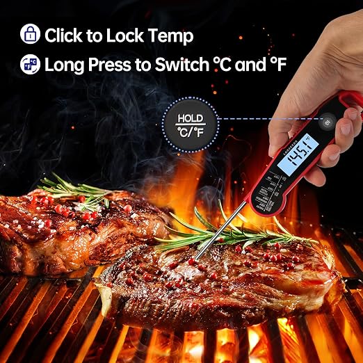 Lonicera Digital Meat Thermometer for Food Cooking. Instant Read Within 1 Sec and ±0.9℉Accuracy with Thermocouple Sensor. IP67 Waterproof, Auto-Rotating Display, Auto Wake up (Red)