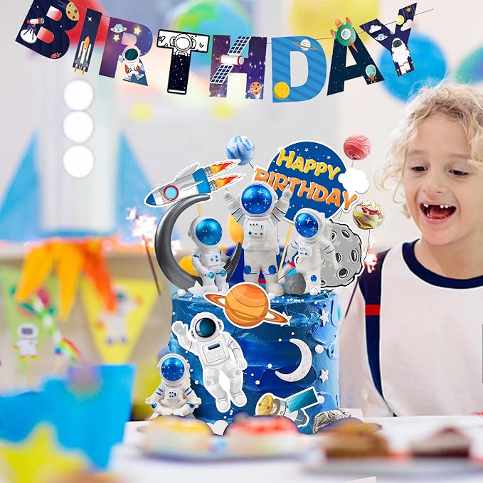 Astronaut Figurines Space Cake Toppers Astronaut Planet Rocket Satellite and Star Space DIY Cake Toppers for Space Theme Party Birthday Party Baby Shower Supplies (Blue)