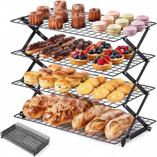 4-Tier Collapsible Cooling Rack for Baking, 3-Setting Adjustable Stackable Cookie Rack, Durable Nonstick Space-Saving Stand for Cooking, Roasting, Drying, Grilling, Cottage Bakery | Collapsible & Stackable