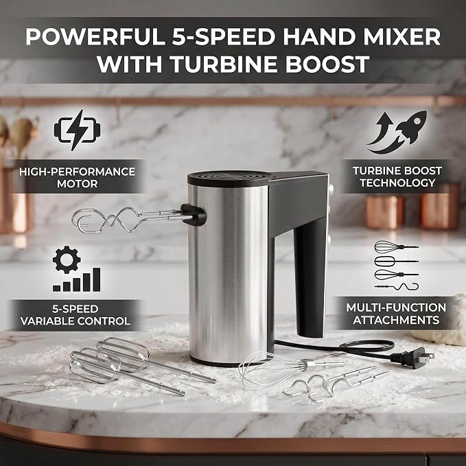 Haofy 500W Hand Mixer with Turbine Boost, 5 Speed Electric Food Beater for Whipping Mixing Baking Cake Dough, Stainless Steel Kitchen, US Plug 110V