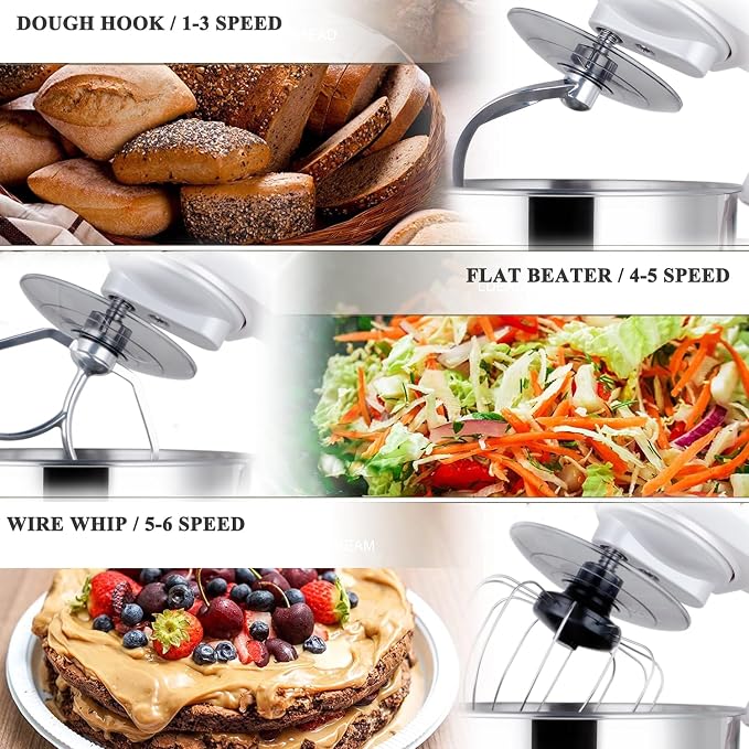 Stand Mixer 5-QT, 6+P Speed Tilt-Head Food Mixer 300W Dough Mixer with Stainless Steel Bowl,Dough Hook,Flat Beater&Whisk Electric Kitchen Mixer for Household Baking, Anti-Slip(Pearl White)