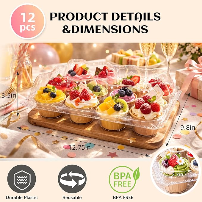 WIKDAY (12 Count x 6 Sets Plastic Cupcake Containers with Liners, Clear Cupcake Holder with Lids, Disposable Cupcake Carrier for Bakery, Cupcake Storage Box for Parties, Bake Sale Packaging