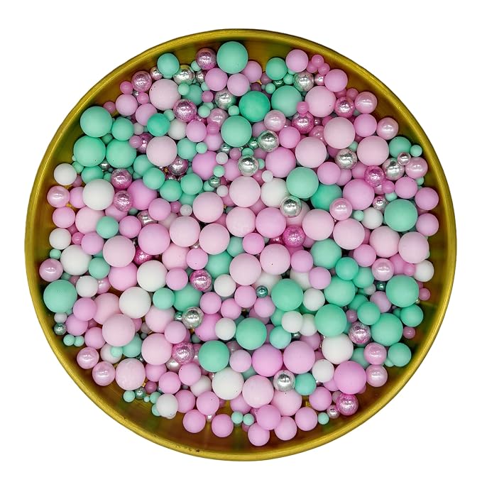 Edible Pink Series & Green Series Sugar Pearls Sprinkles Candy Mix Size Pearls Cake Decorations Cupcake Toppers Decorating Perfect for Wedding Party Valentine Supplies 4.58OZ