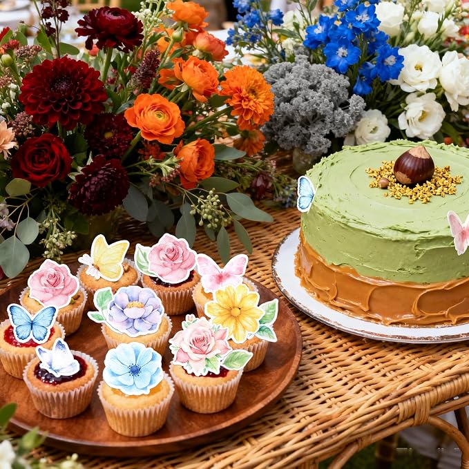 65 PCS Edible Flowers Cupcake Toppers Wafer Paper Daisy Green Leaves Rose Flower Cupcake Picks Edible Flowers Cake Decorations for Baby Shower Wedding Birthday Party Cake Decorations Supplies