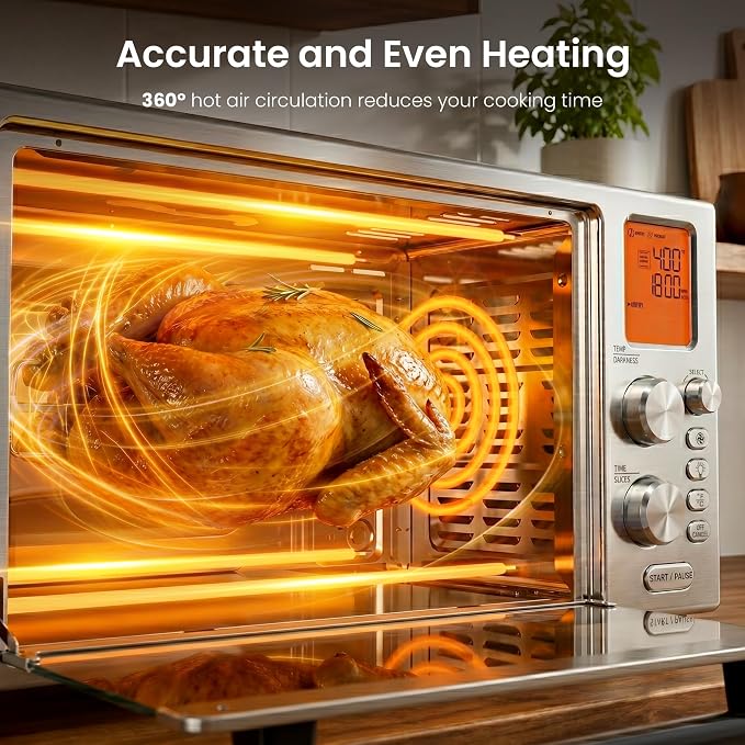 Kismile 12-in-1 Air Fryer Toaster Oven Combo, 23QT Convection Oven Countertop, 120-450℉, 360° Turbo Convection, Toast, Bake & Broil, Rotisserie for Chicken, Full Accessories, Stainless Steel