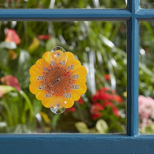 Taylor Sunflower Dial Thermometer, 4-Inch Indoor Outdoor Silicone Suction Cup Thermometer, Weather-Resistant Temperature Gauge for Patio, Pool, Garden, or Garage, Yellow
