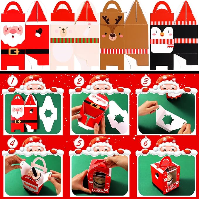 TaoBary 24 Pcs Christmas Cupcake Boxes Xmas Individual Cupcake Box Christmas Cookie Boxes with Window Insert Handle Muffin Pastry Holder Bakery Treat Box for X-mas Party(Bear)