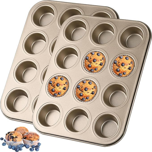 Mini Muffin Pan 2-Pack, Premium Small Cupcake Pans, Carbon Steel 12-Cup Muffin Tin, Versatile Non-Stick Bakeware