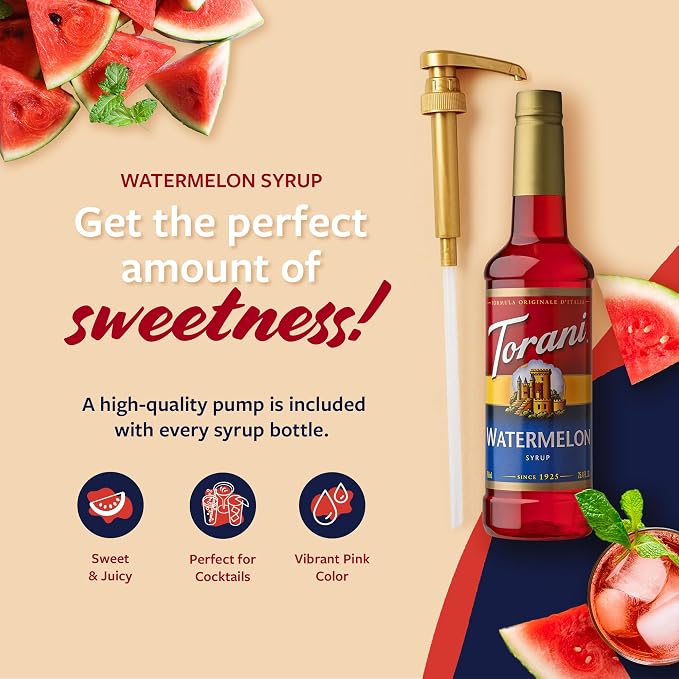 Torani Watermelon Syrup for Drinks, Flavoring for Sodas and Cocktails, Pump Included, 25.4 Oz
