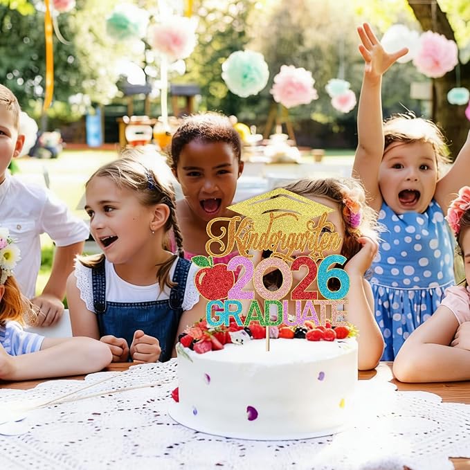 Kindergarten 2026 Graduate Cake Topper, Chirldren Graduation Cake Decorations, Preschool Kindergarten Graduations Party Decoration, Glitter Grad 2026 Happy Graduation (Gold Orange)