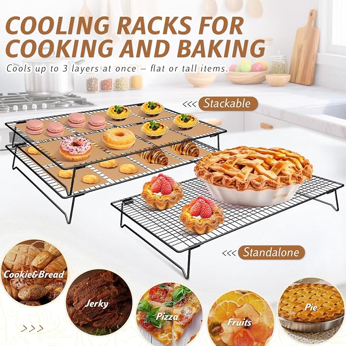Stackable Cooling Racks 3-Tier 17x11in with 100 Parchment Papers | Heavy duty wire baking rack for cookies, cake, pizza & bacon. Collapsible for storage. Includes 4x4in non-stick sheets.